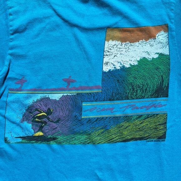 Vintage 80s OP Ocean Pacific Surfing T Shirt Blue Green Single Stitch Baby Tee - Picture 3 of 9